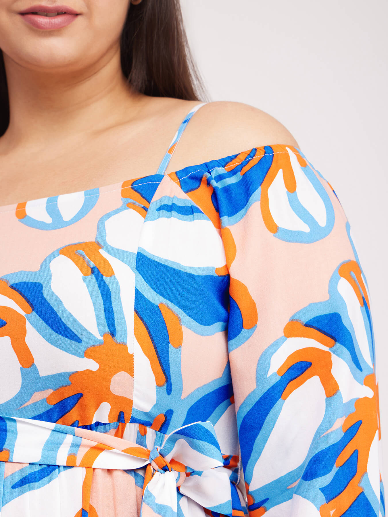 Off Shoulder Floral Dress - White And Blue