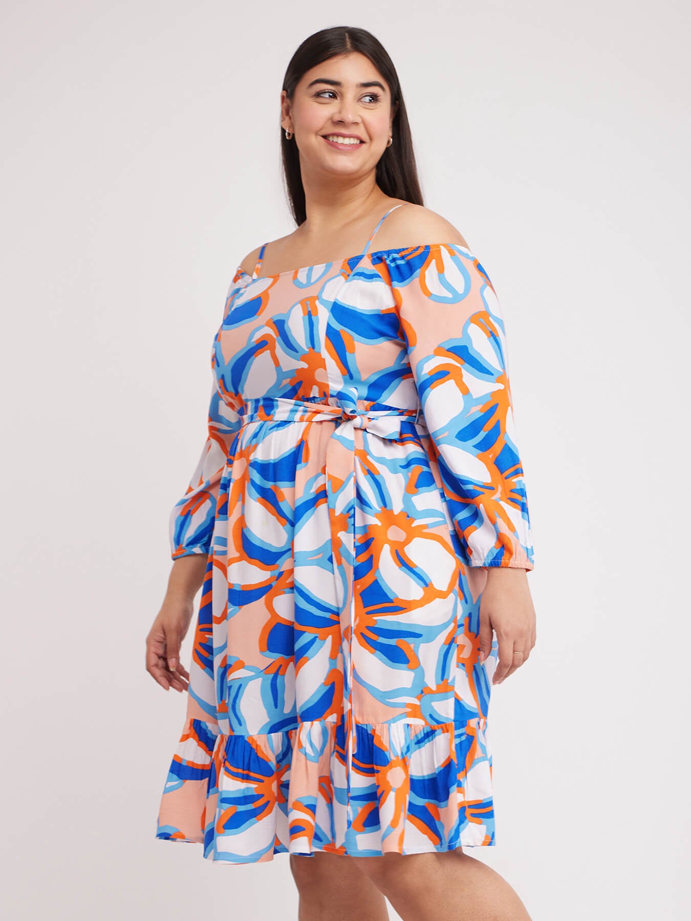 Off Shoulder Floral Dress - White And Blue