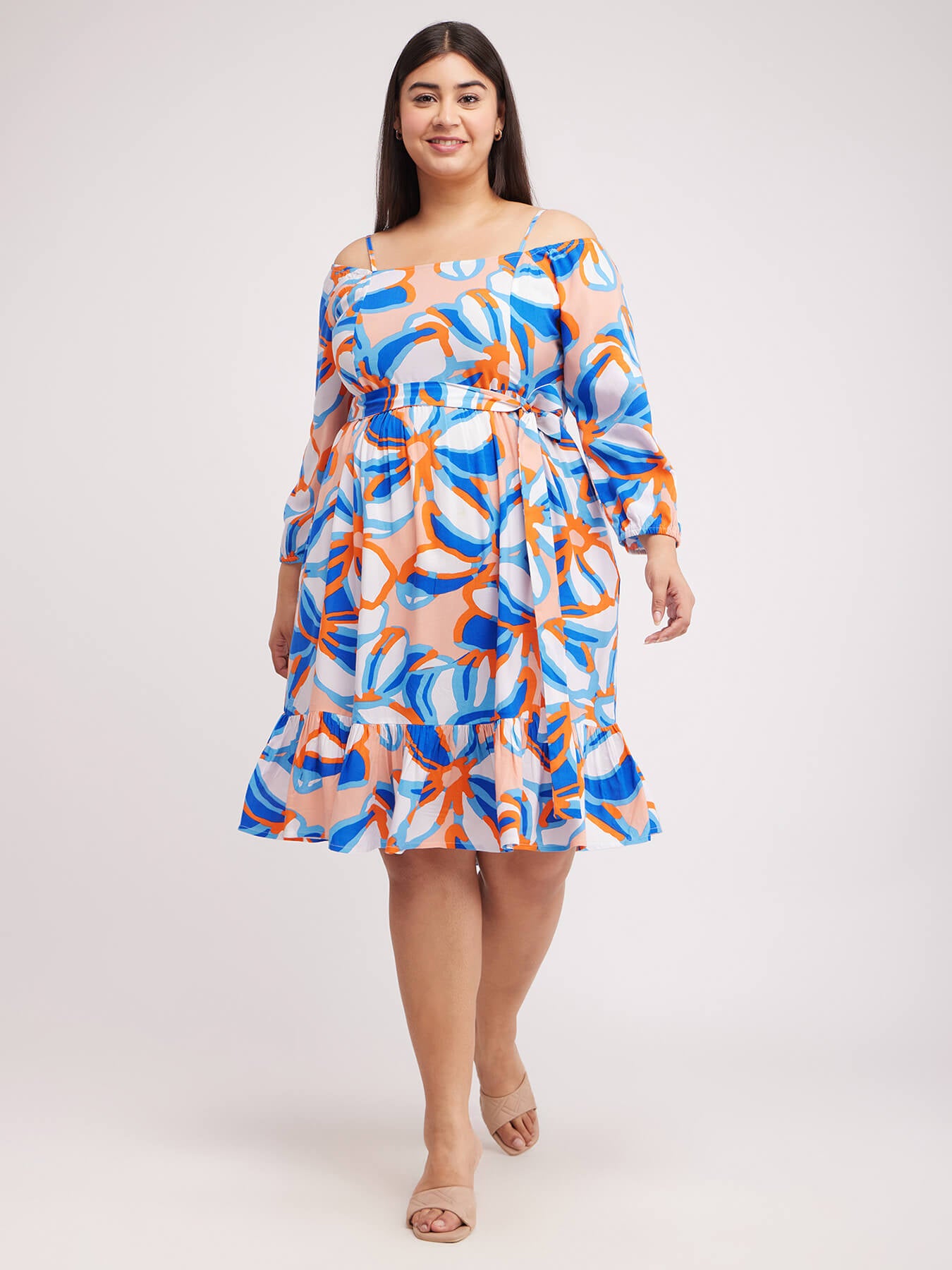 Off Shoulder Floral Dress - White And Blue