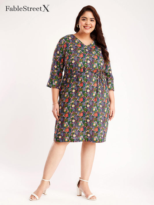 Floral Print Shift Dress - Black And Red