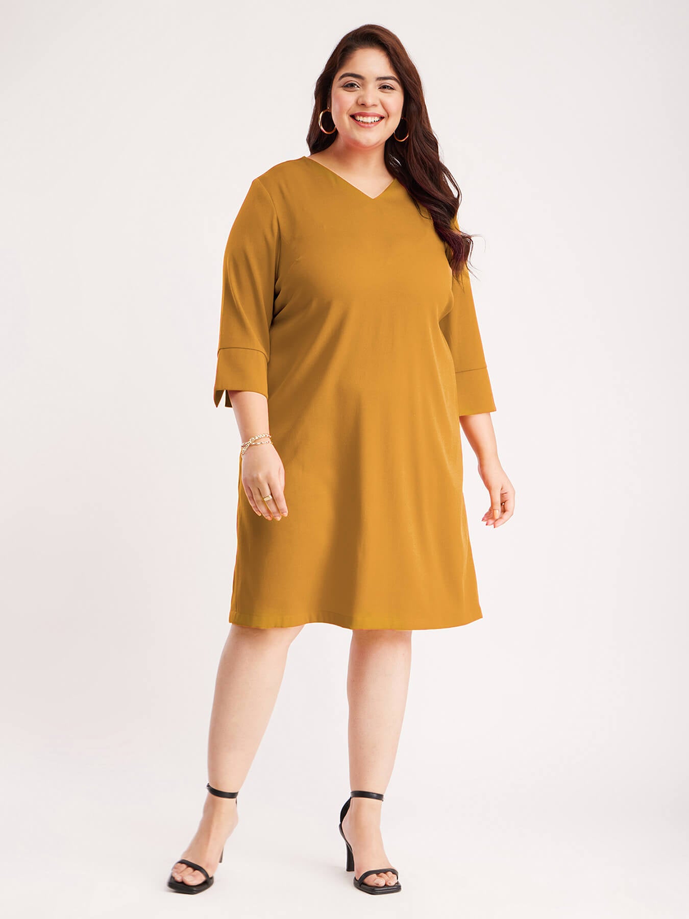 Shift Dress With Attached Belt - Mustard