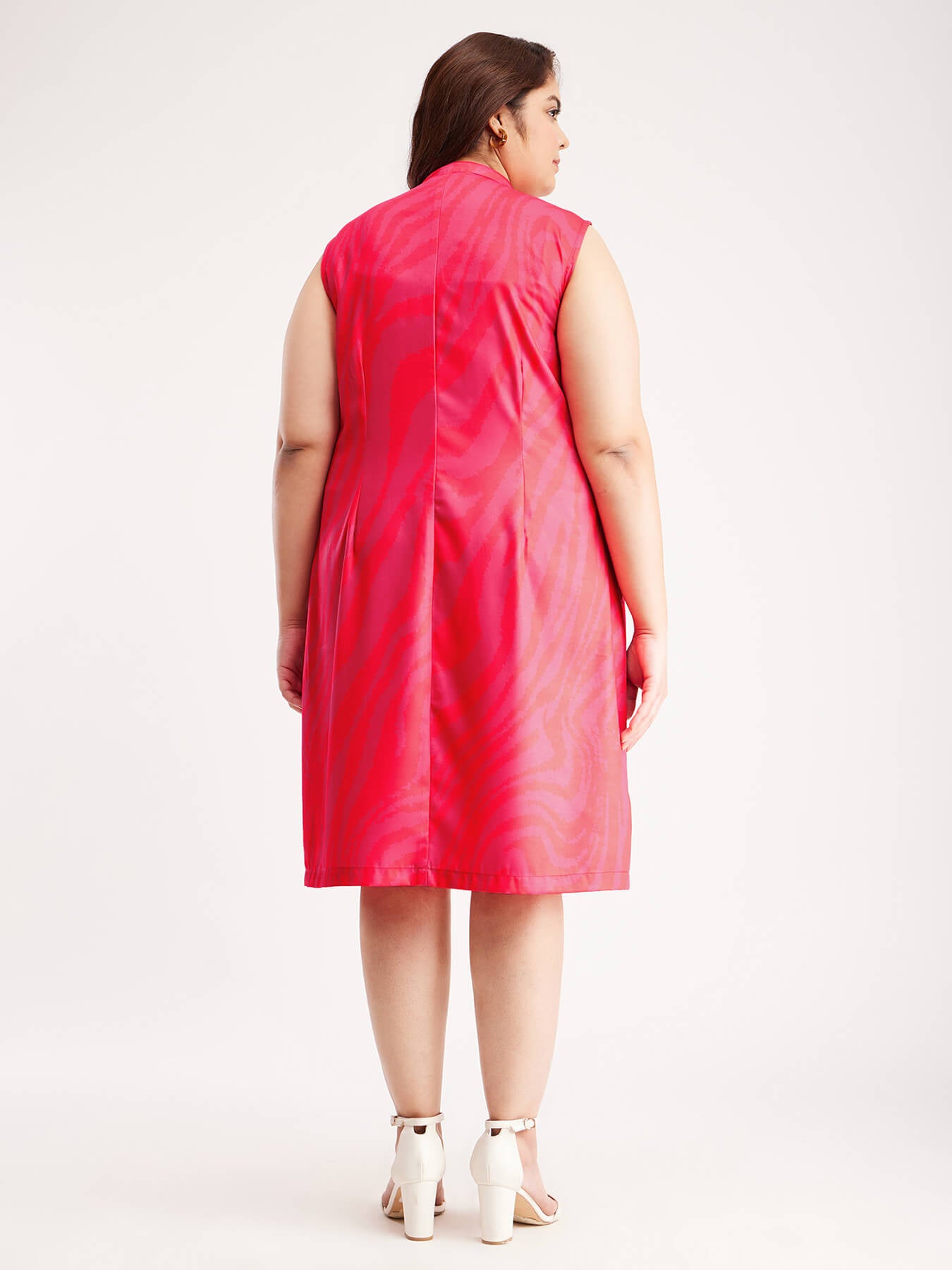Mandarin Collar Sleeveless Dress - Fuchsia And Orange