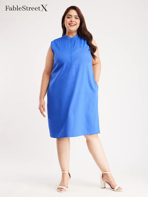 Mandarin Collar Sleeveless Dress - Blue