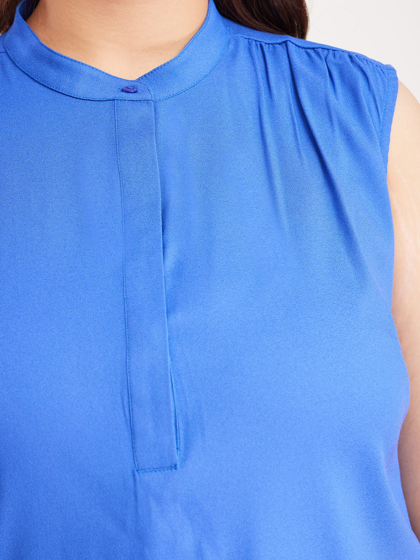 Mandarin Collar Sleeveless Dress - Blue