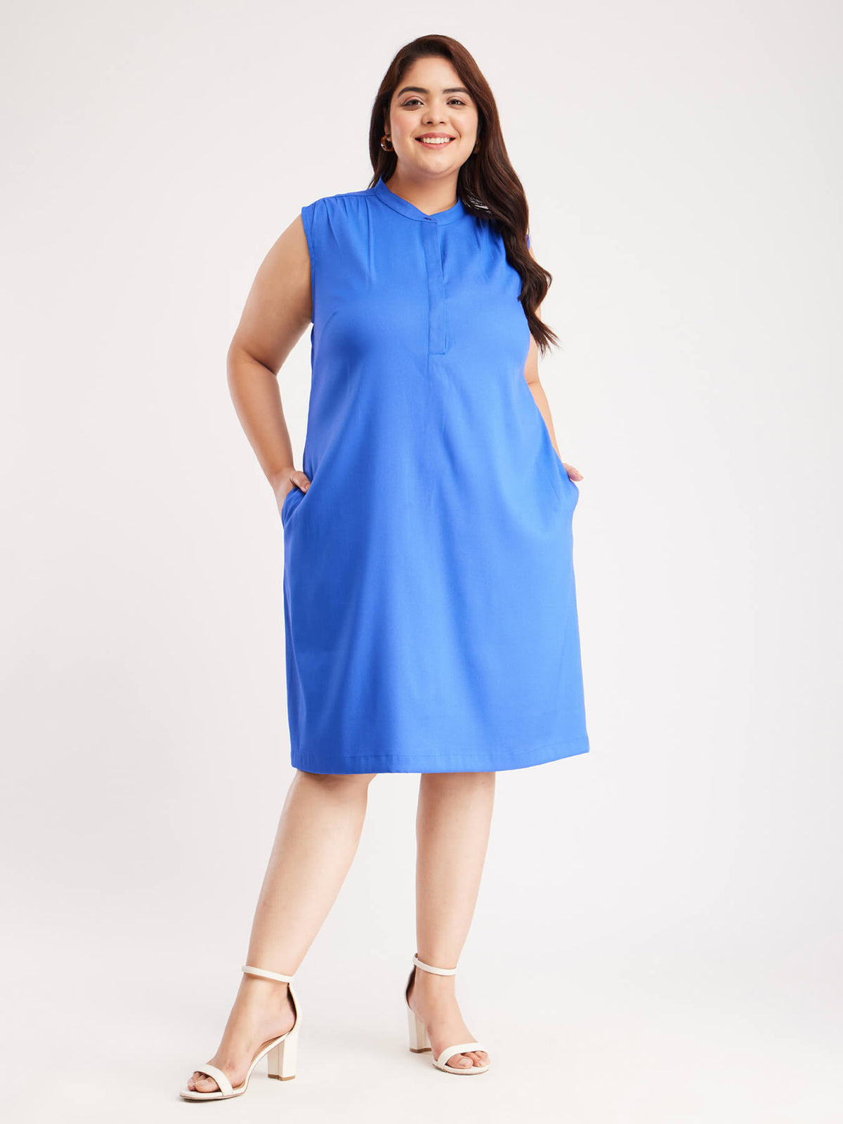 Mandarin Collar Sleeveless Dress - Blue