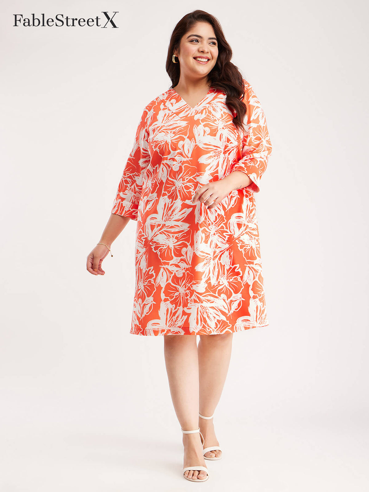 Floral Print Shift Dress - Coral And Off White