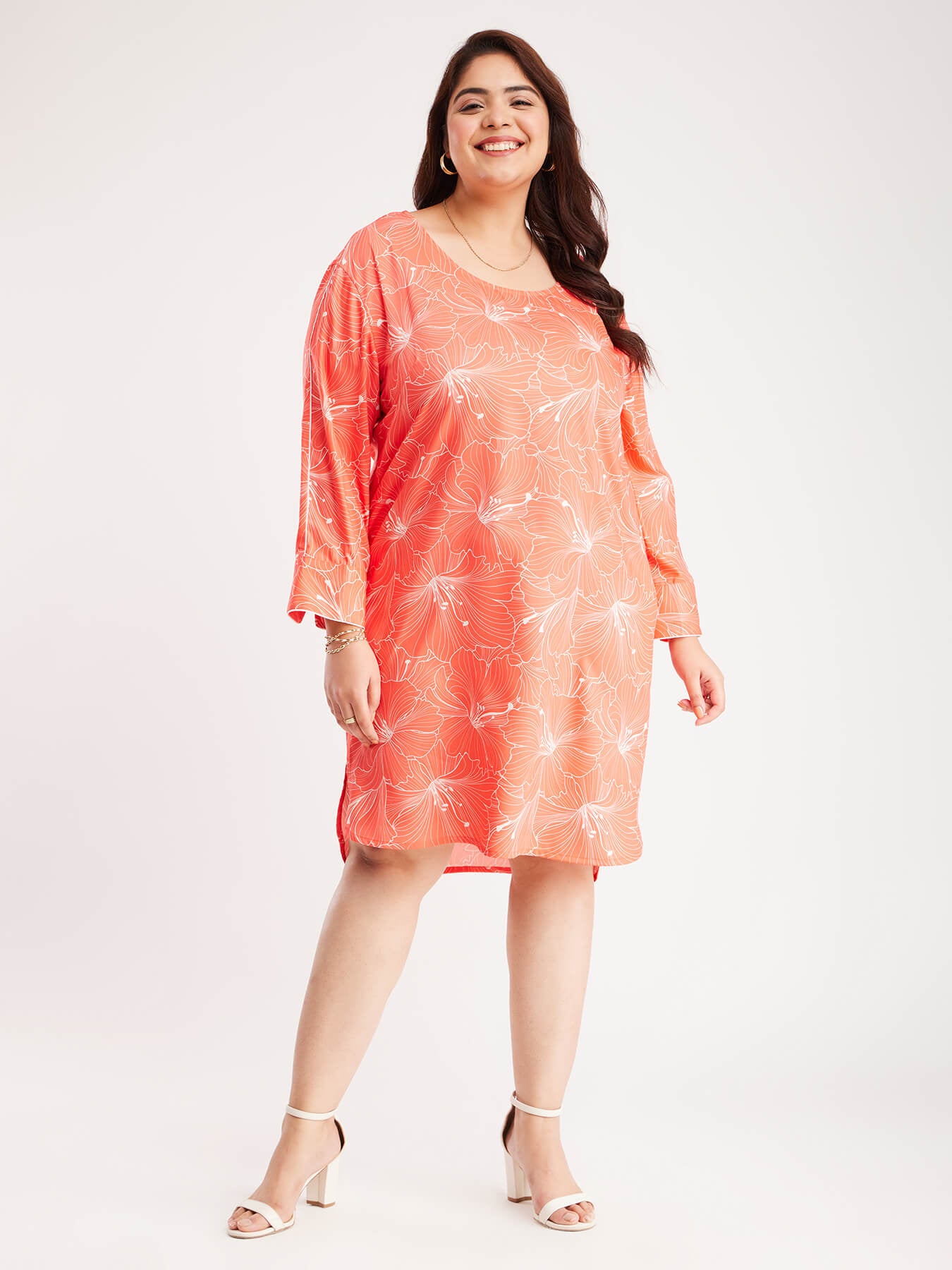 Drop Shoulder Shift Dress - Coral And Off White