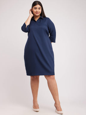 Collared Shift Dress - Navy Blue