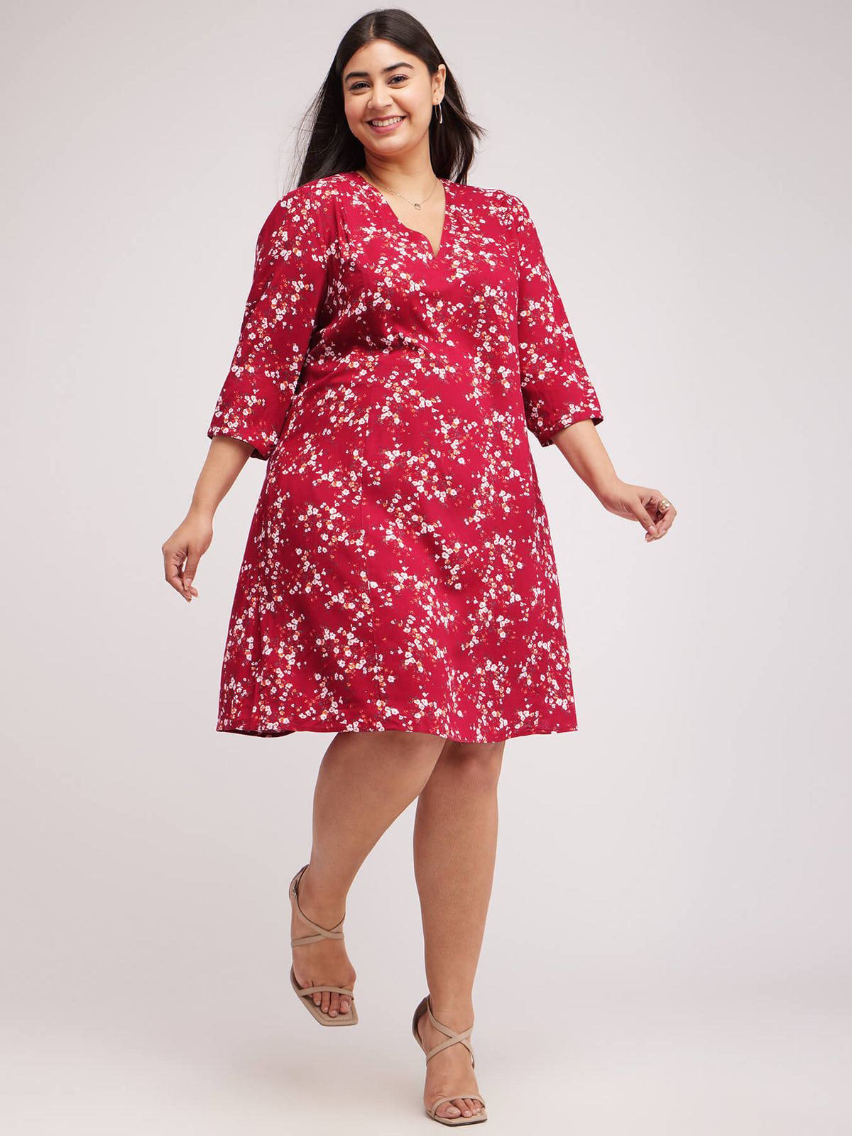 Floral Print A-line Dress - Red