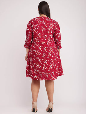 Floral Print A-line Dress - Red