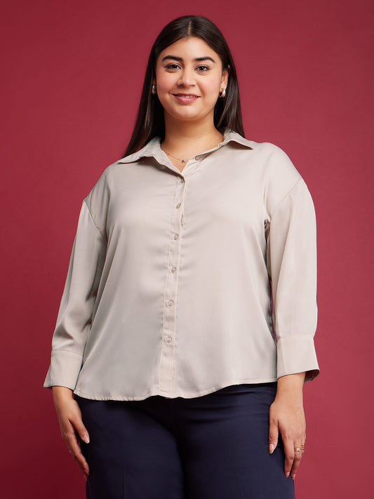 Satin Drop Shoulder Shirt - Beige