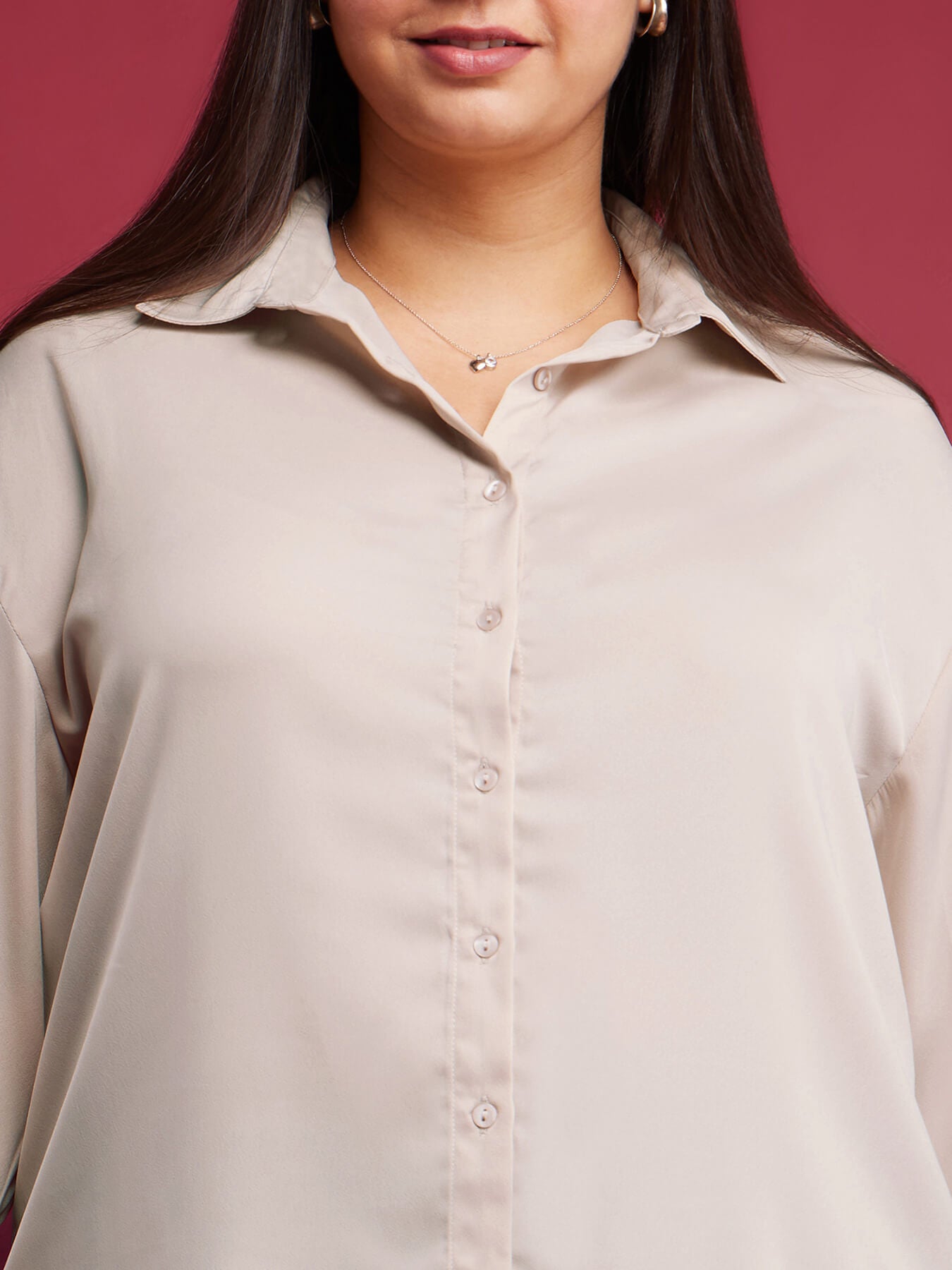 Satin Drop Shoulder Shirt - Beige