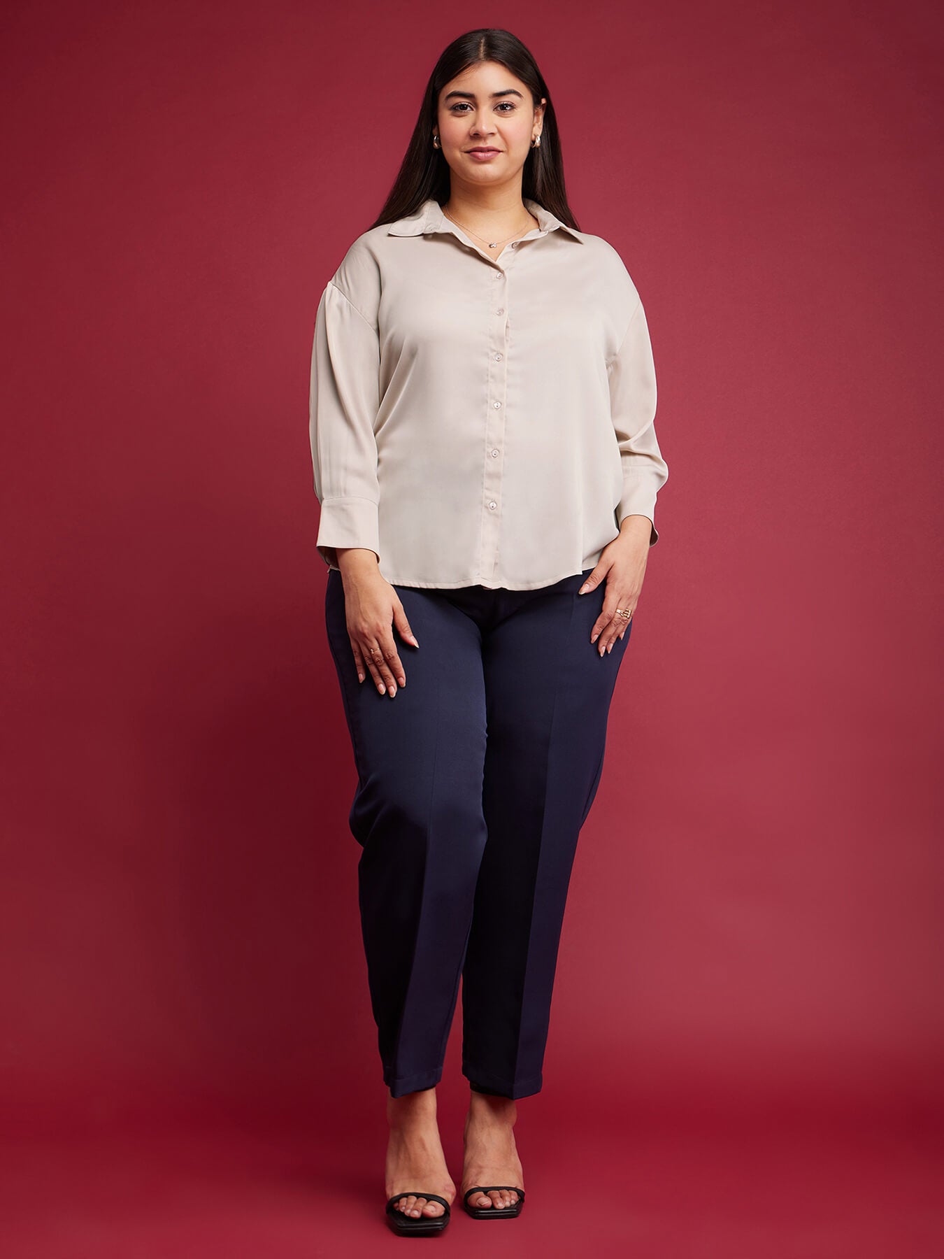 Satin Drop Shoulder Shirt - Beige