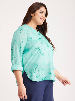 Marble Print V-Neck Top - Green