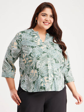 Floral Mandarin Neck Top - Green And Beige