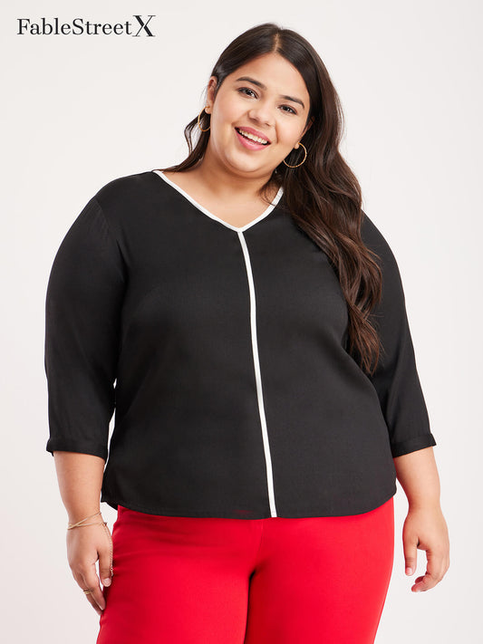 V Neck Piping Detail Top - Black And White