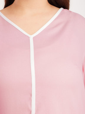 V Neck Piping Detail Top - Pink And White