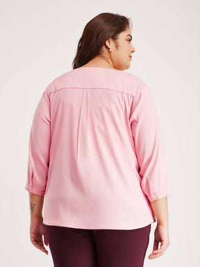 V Neck Piping Detail Top - Pink And White