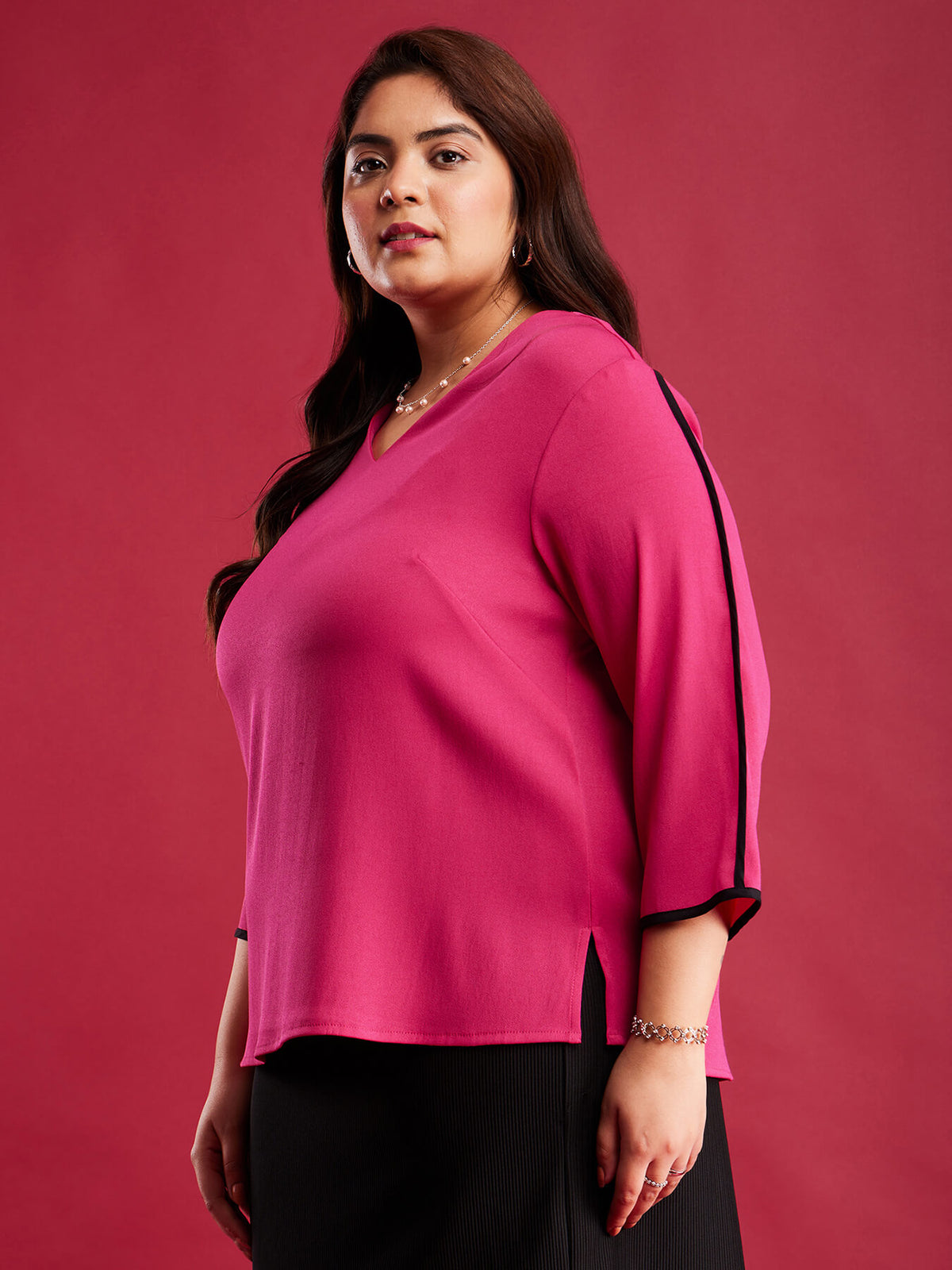 V Neck Piping Top - Fuchsia And Black
