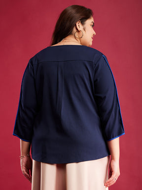 V Neck Piping Top - Navy Blue