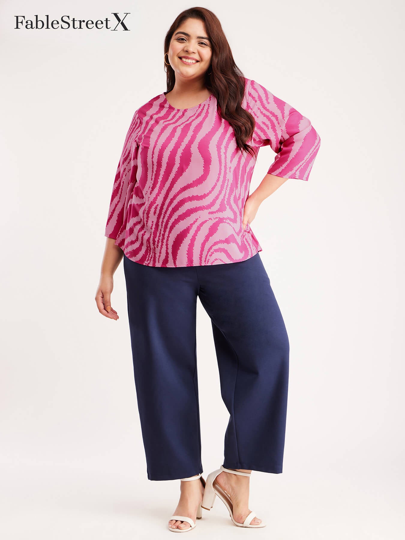 Animal Print Round Neck Top - Fuchsia And Pink