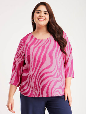 Animal Print Round Neck Top - Fuchsia And Pink