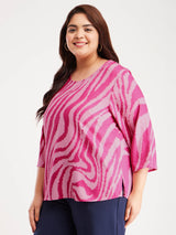 Animal Print Round Neck Top - Fuchsia And Pink