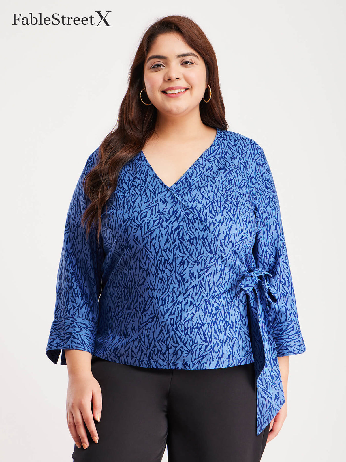 Abstract Print Wrap Top - Blue