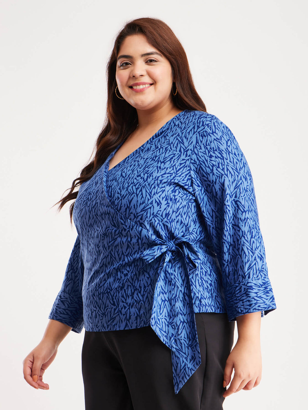 Abstract Print Wrap Top - Blue