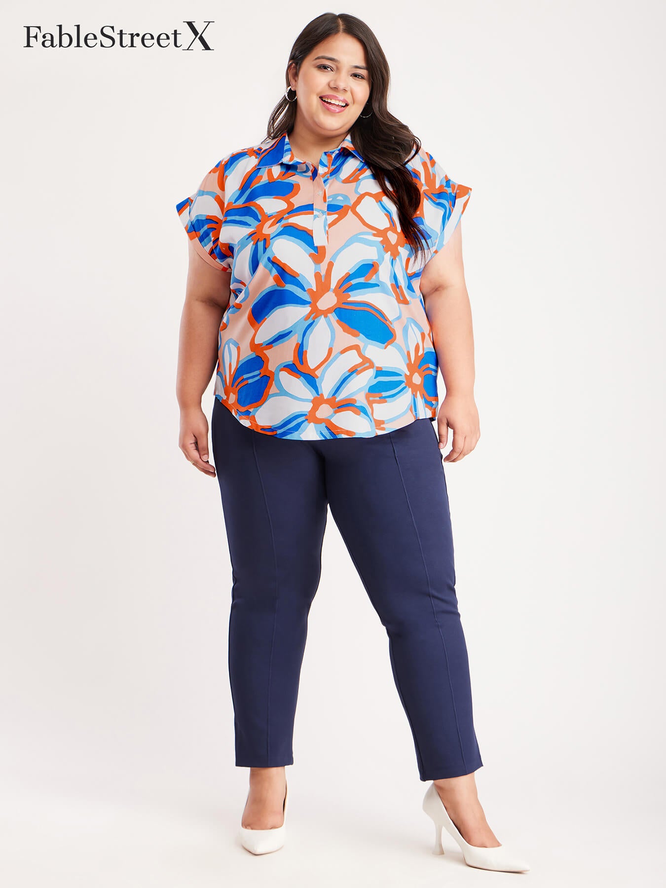 Drop Shoulder Floral Top - White And Blue