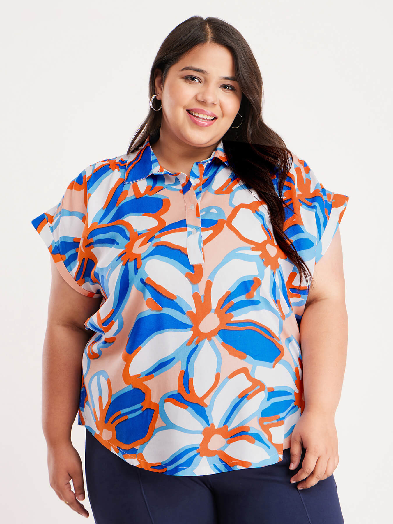 Drop Shoulder Floral Top - White And Blue