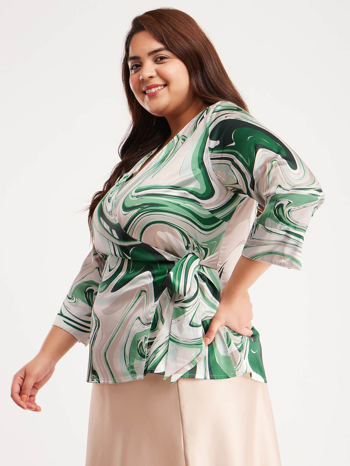 Satin Marble Print Wrap Top - Green And Off White