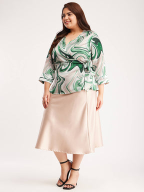 Satin Marble Print Wrap Top - Green And Off White