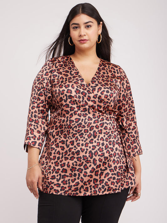 Satin Wrap Top - Brown