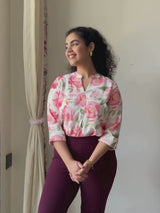 Floral Print Mandarin Neck Top - White And Pink