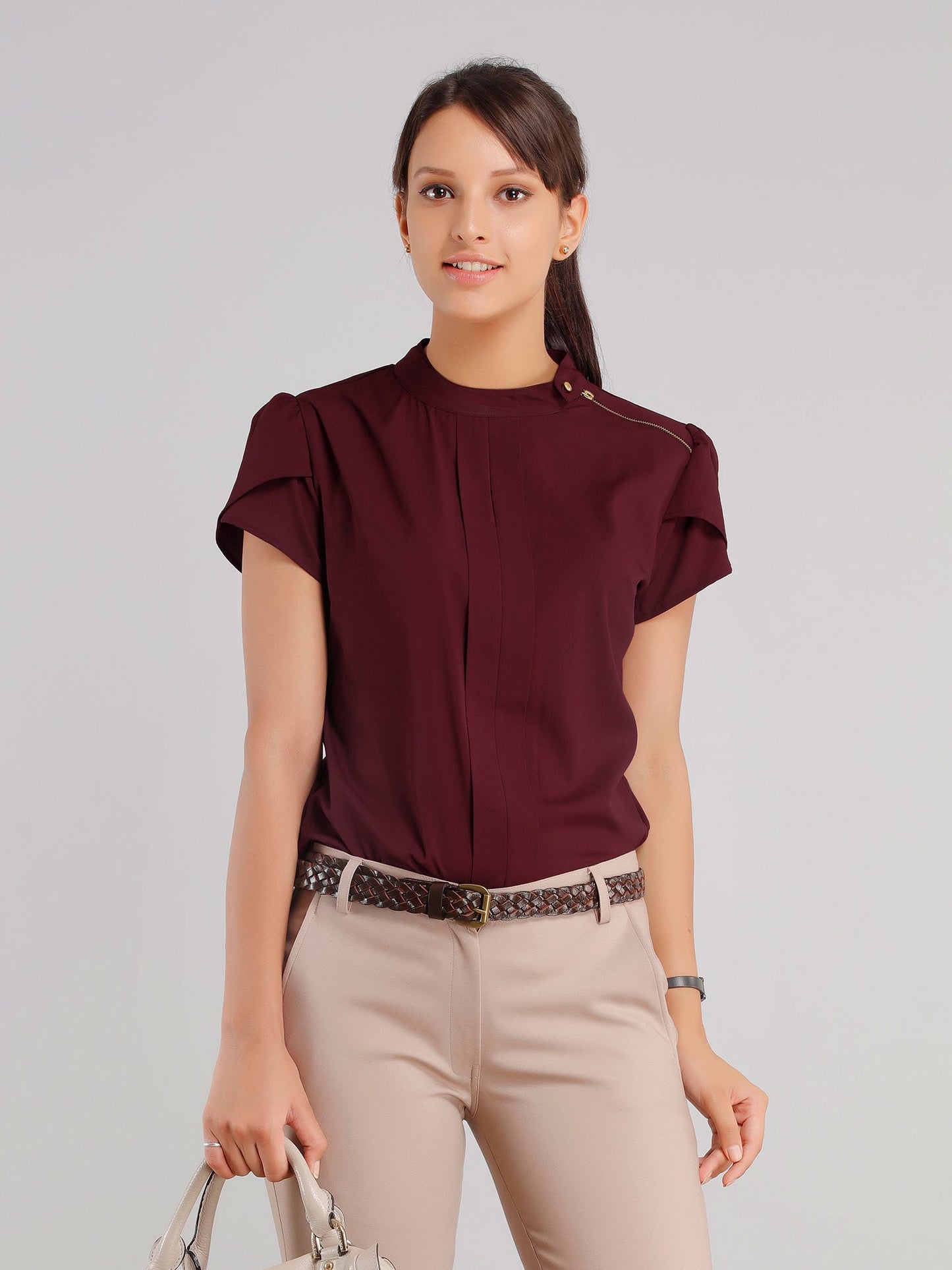 Collared Zipper Top - Maroon| Formal Tops