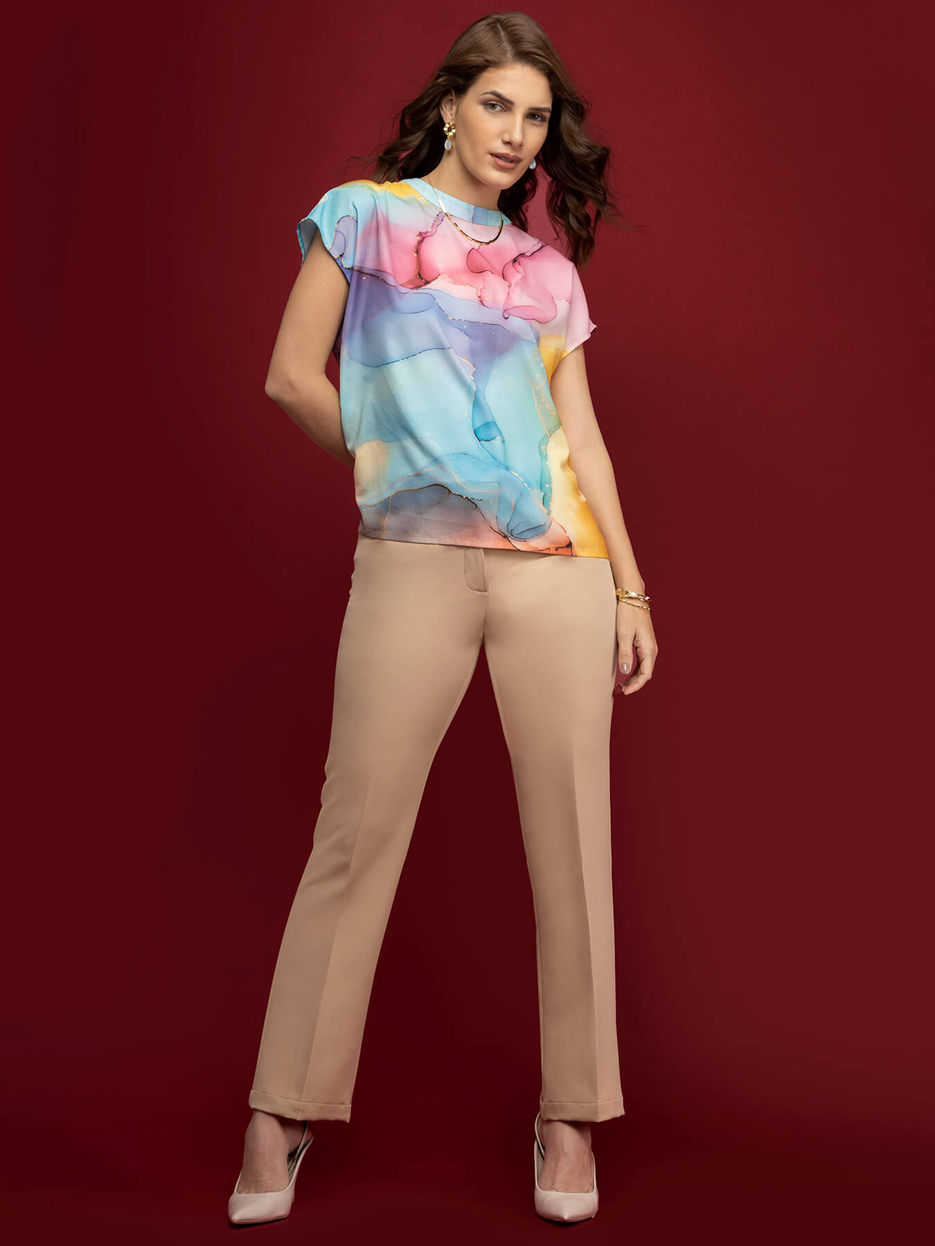 High Neck Fumes Print Top - Multicolour