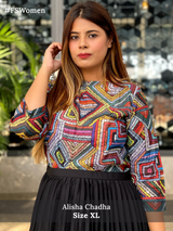 Boat Neck Geometric Print Top - Multicolour