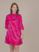 Satin Abstract Print Shift Dress - Fuchsia And Blue