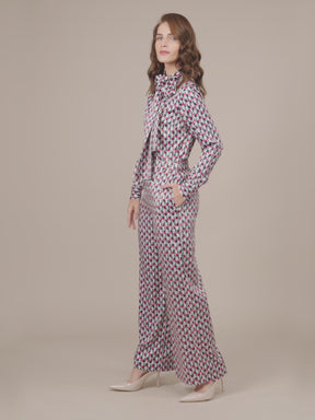 Satin Geometric Print Trousers - Multicolour