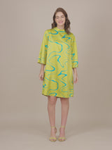 Satin Abstract Print A-Line Dress - Acid Green And Blue