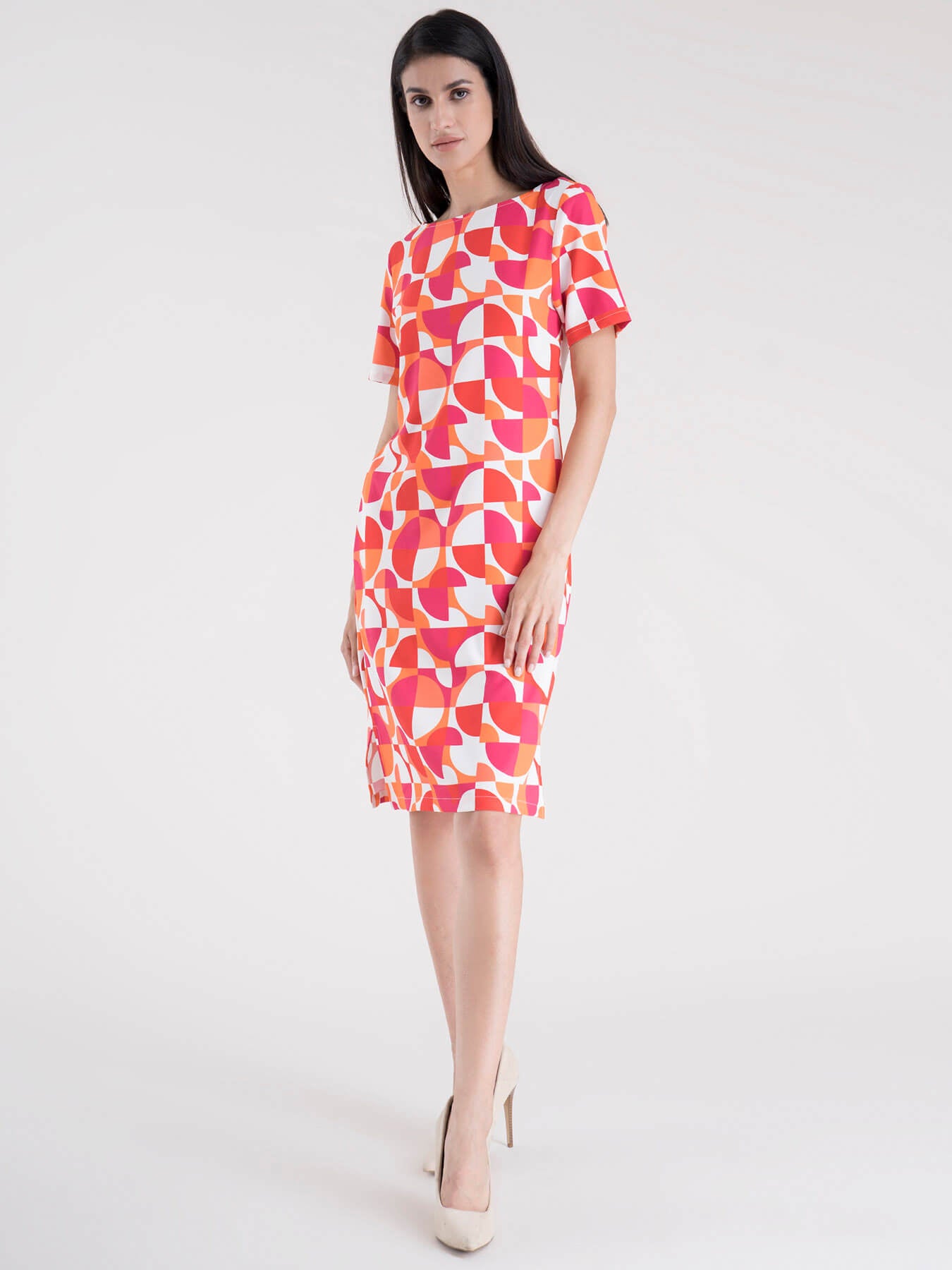 Abstract Print Shift Dress - Fuchsia and Orange