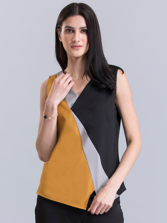Asymmetric Hem Colour Block Top - Black and Mustard