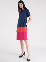 Boat Neck Color Block Shift Dress - Navy, Coral And Fuchsia| Formal Dresses