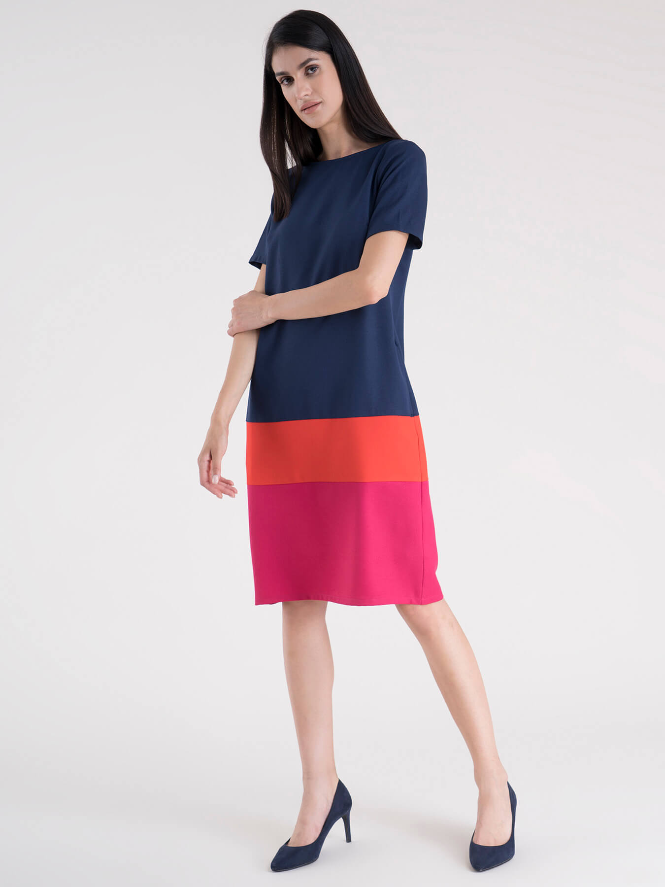 Boat Neck Color Block Shift Dress - Navy, Coral And Fuchsia| Formal Dresses