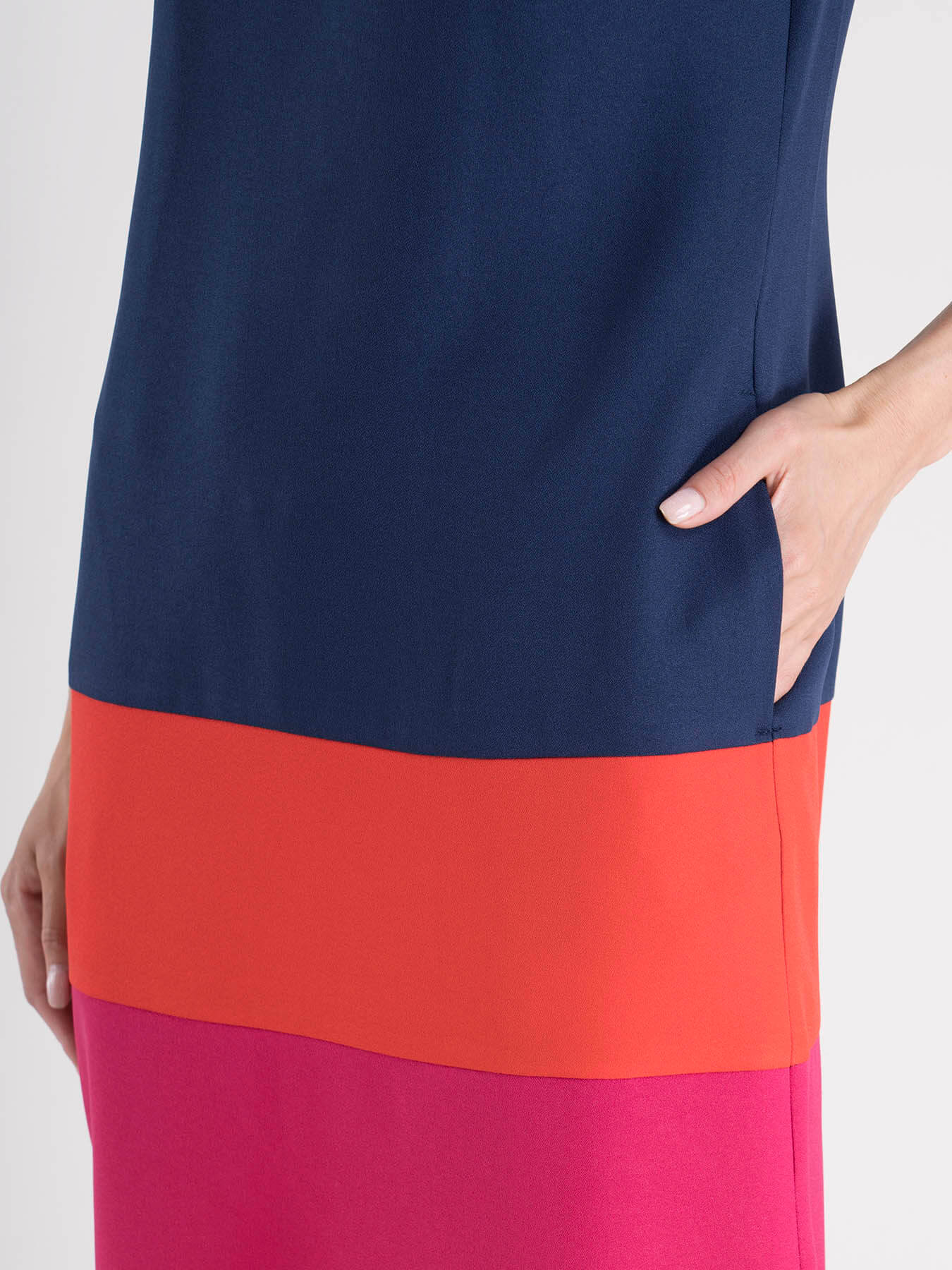 Boat Neck Color Block Shift Dress - Navy, Coral And Fuchsia| Formal Dresses