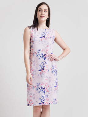 Boat Neck Ditsy Floral Sheath Dress - Pink and Blue| Formal Dresses