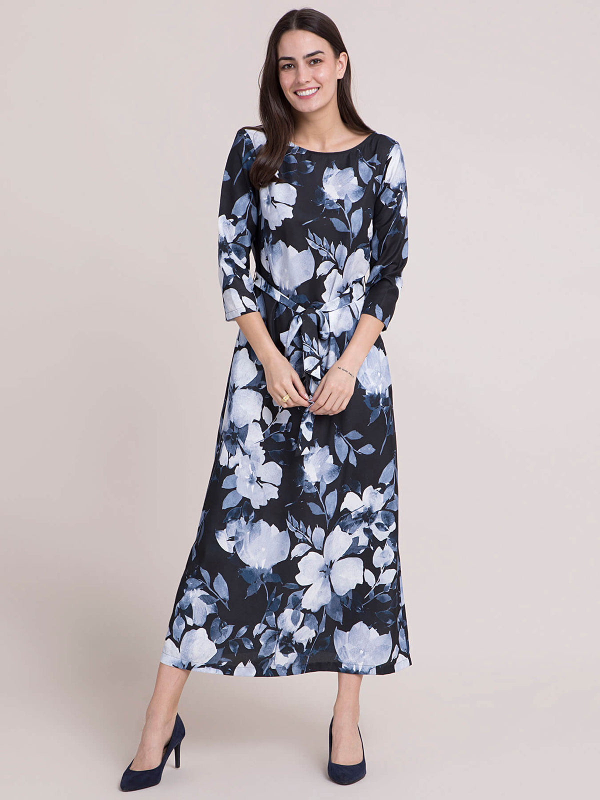 Boat Neck Floral A Line Dress - Black and Navy Blue| Formal Dresses