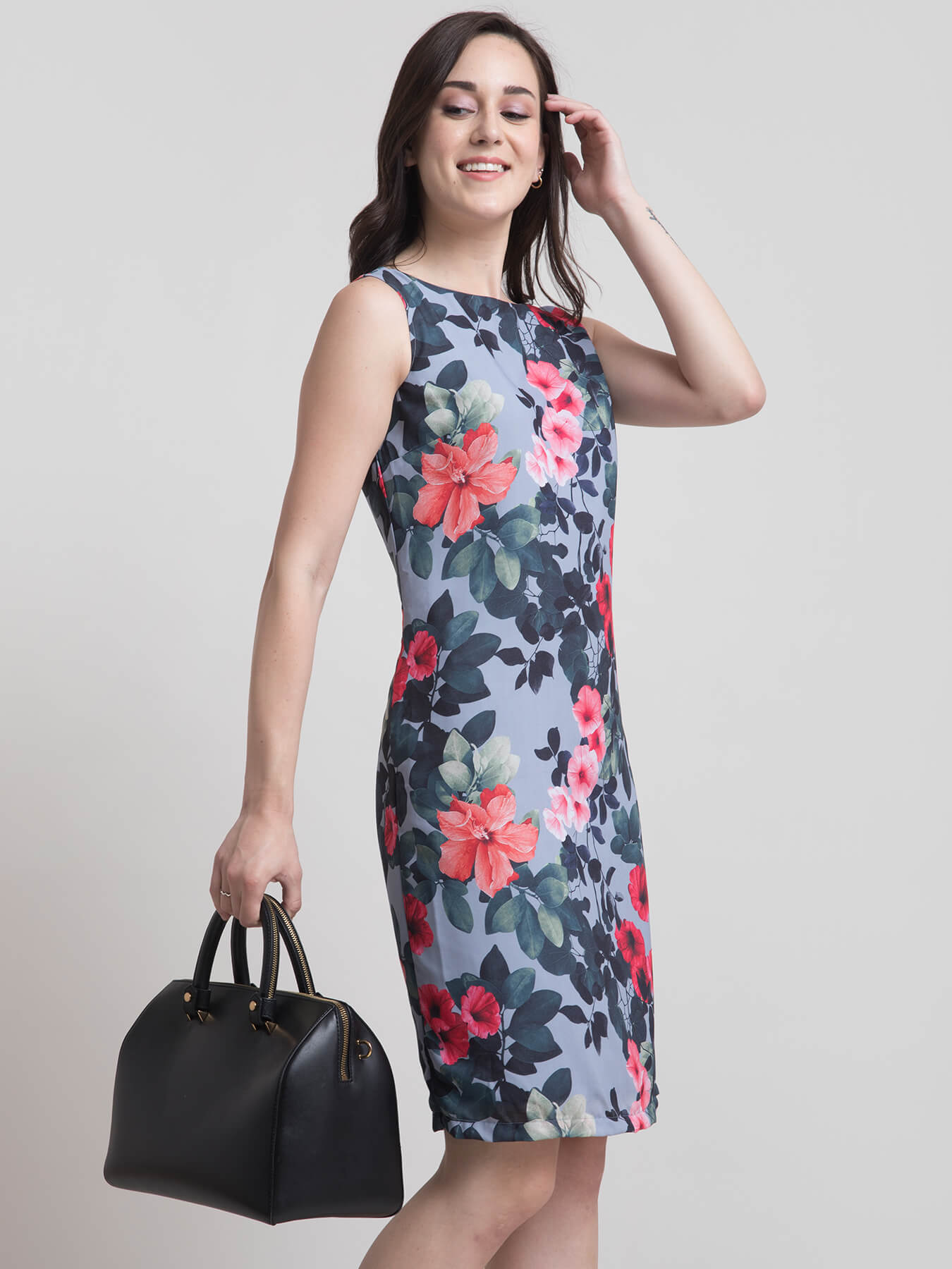 Boat Neck Floral Shift Dress - Grey and Red| Formal Dresses