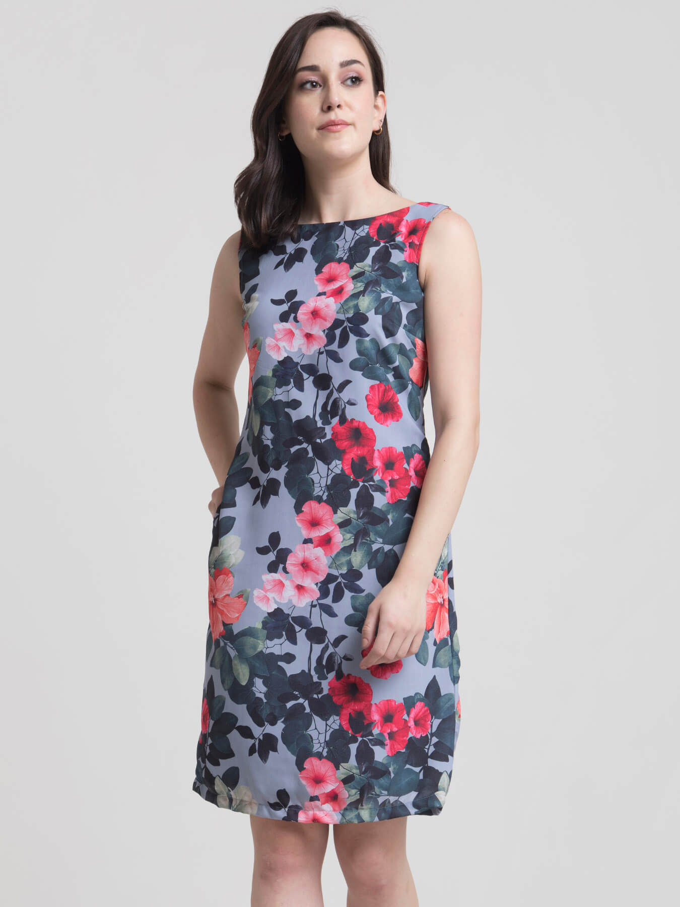 Boat Neck Floral Shift Dress - Grey and Red| Formal Dresses